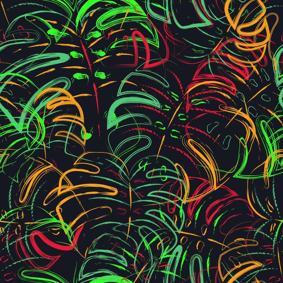 Seamless fantasy pattern with tropical foliage, monstera leaves. Virtual surreal nature. Paint brush strokes of neon bright colors. Grunge illustration for prints, textile design. Sport style vector