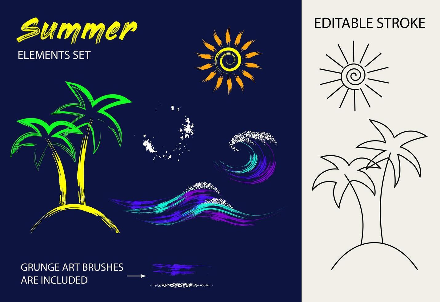 Set, clip art of summer holiday objects. Tropical island, sun icon, ocean sea waves. Paint brush strokes, splattered paint. Bright glowing neon fluorescent colors. Design elements with editable stroke vector