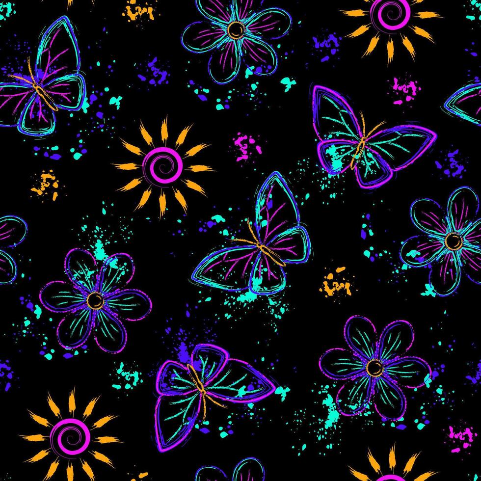 Seamless fluorescent fantasy pattern with sun, butterfly, paint brush strokes, spattered paint. Bright glowing neon colors. Outline, contour illustrations. Virtual surreal nature background. vector