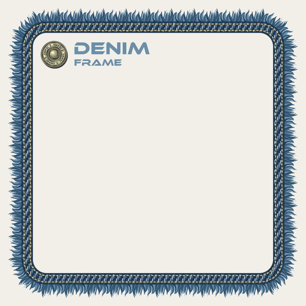 Square frame in denim style with fringe, topstitching, button. White background. Vintage style. vector