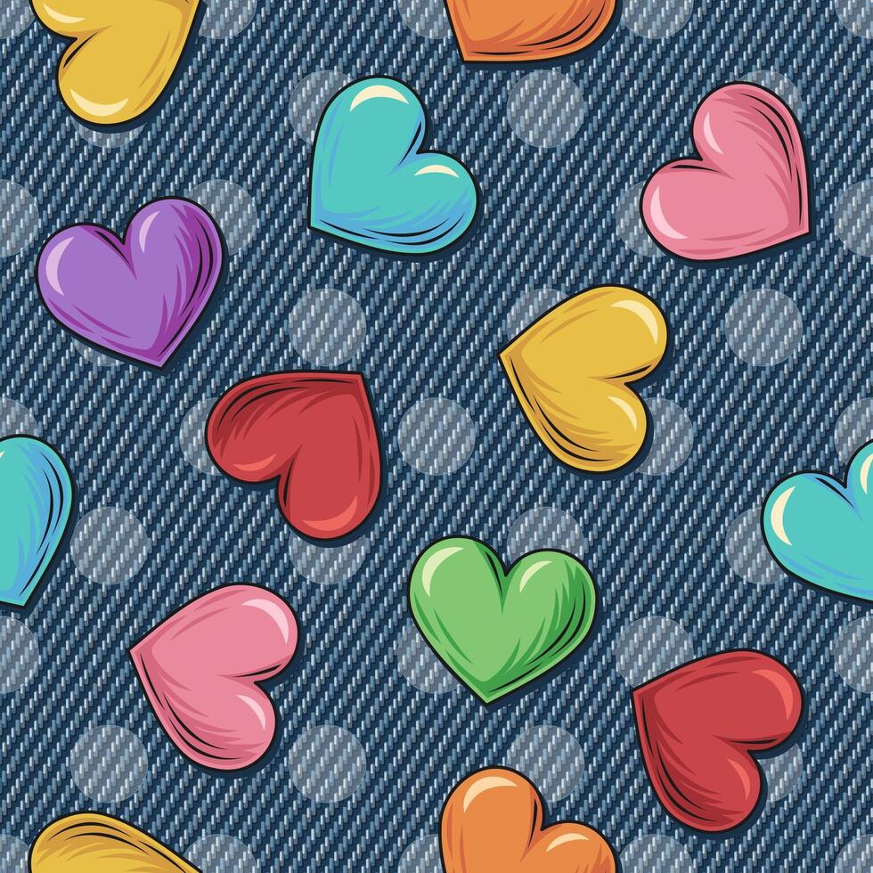 Summer denim pattern with colorful hearts, polka dot ornament behind. Scattered objects on blue jeans texture. Groovy, hippie, naive style for apparel, fabric, textile, design vector