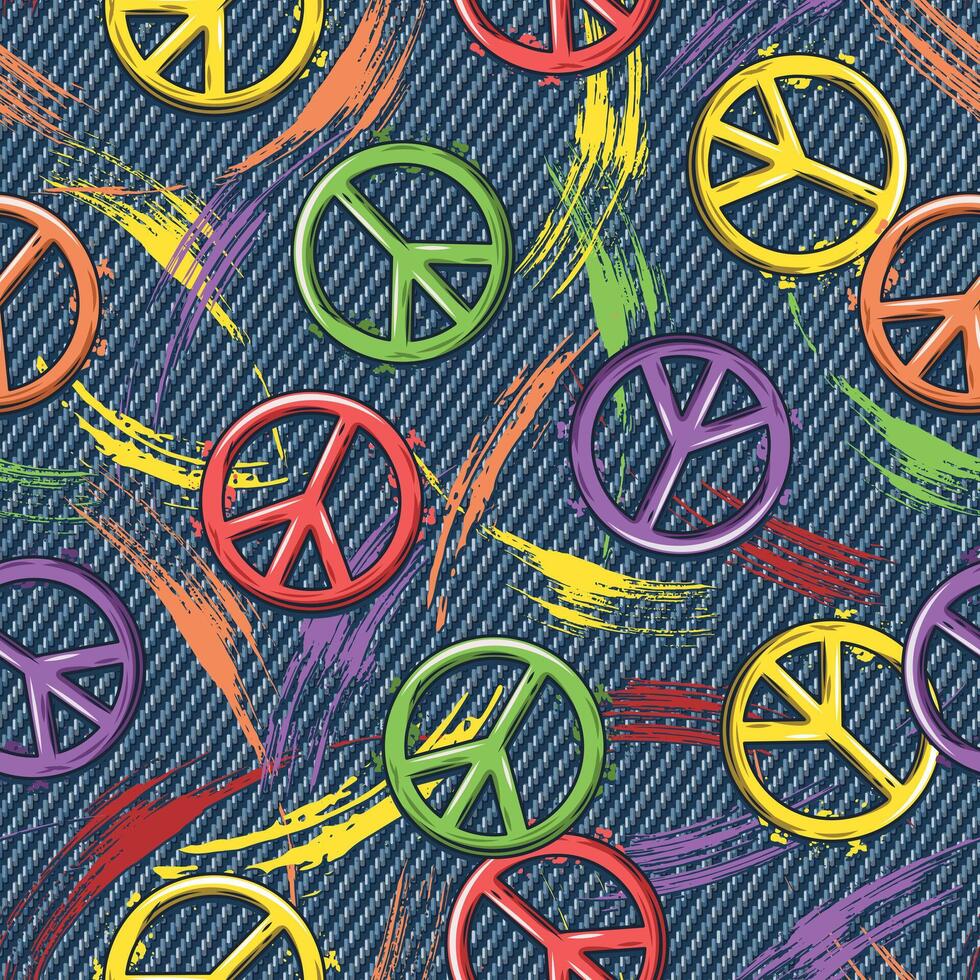 Colorful pattern with peace sign, brush strokes, smudge paint, paint splatter on blue jeans texture. Groovy, hippie, naive style for apparel, fabric, textile design vector