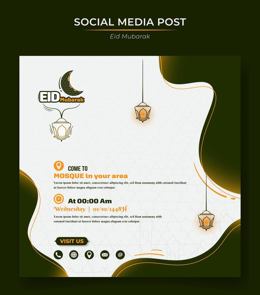 Square banner in white and green design for eid mubarak. Islamic background in square green white design vector