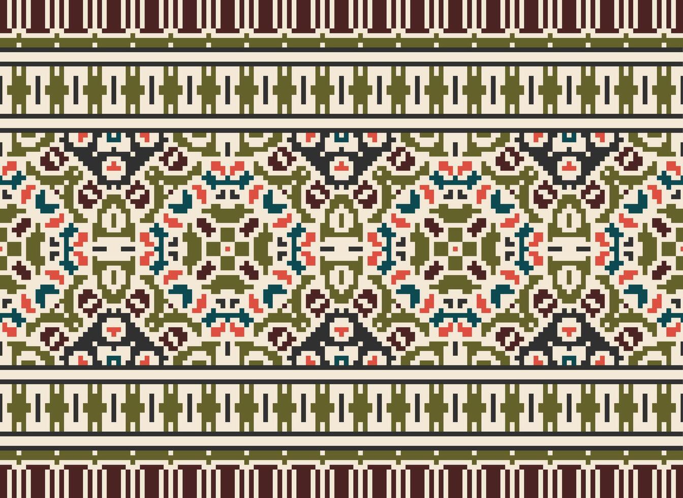 Cross Stitch pattern with Floral Designs. Traditional cross stitch needlework. Geometric Ethnic pattern, Embroidery, Textile ornamentation, fabric, Hand stitched pattern, Cultural stitching pixel art. vector