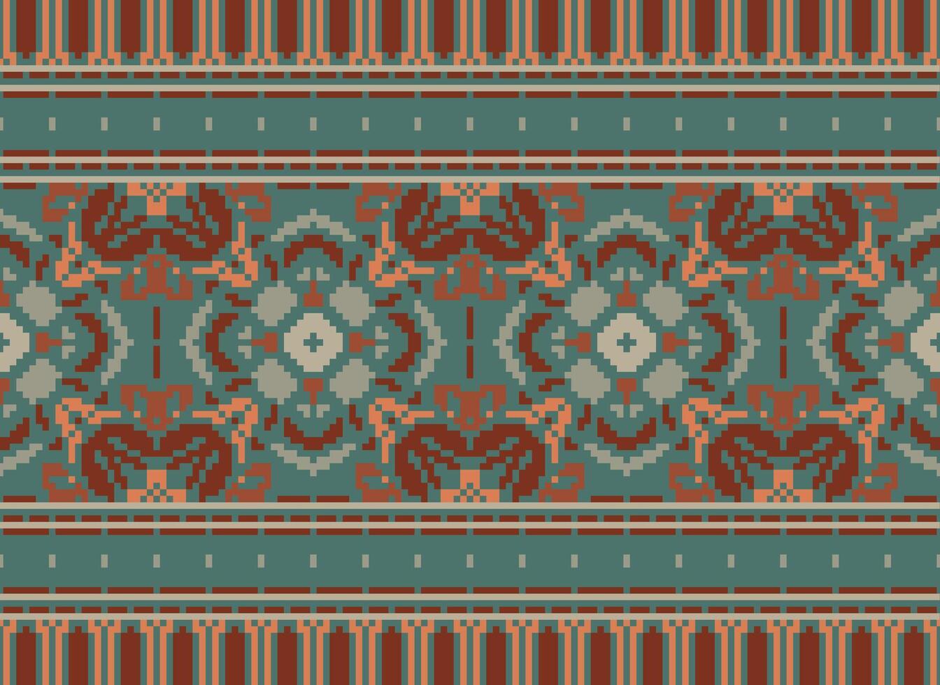 Cross Stitch pattern with Floral Designs. Traditional cross stitch needlework. Geometric Ethnic pattern, Embroidery, Textile ornamentation, fabric, Hand stitched pattern, Cultural stitching pixel art. vector