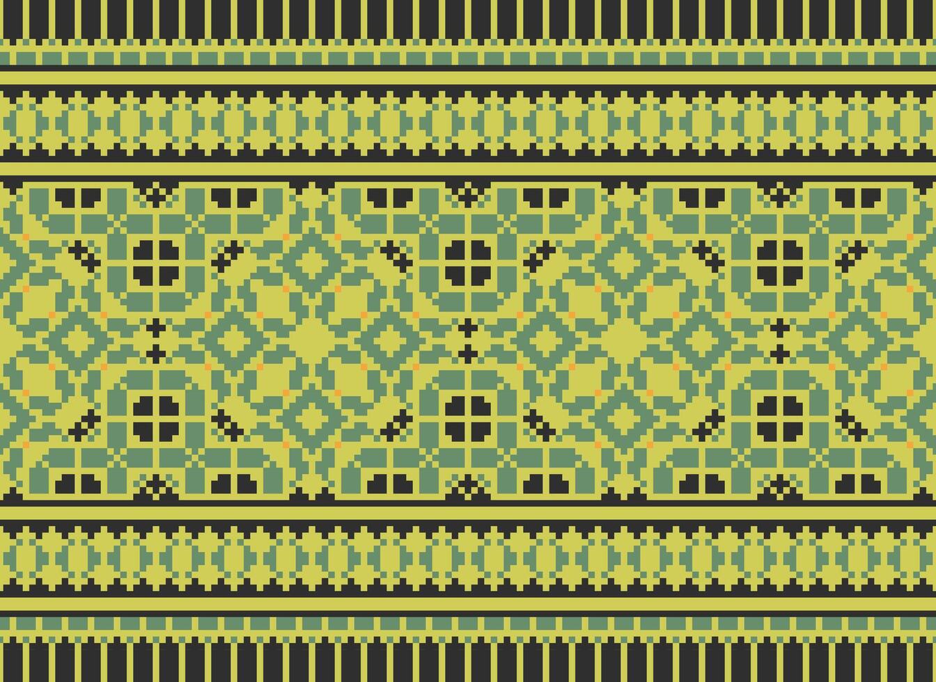 Pixel Cross Stitch pattern with Floral Designs. Traditional cross stitch needlework. Geometric Ethnic pattern, Embroidery, Textile ornamentation, fabric, Hand stitched pattern, Cultural stitching vector