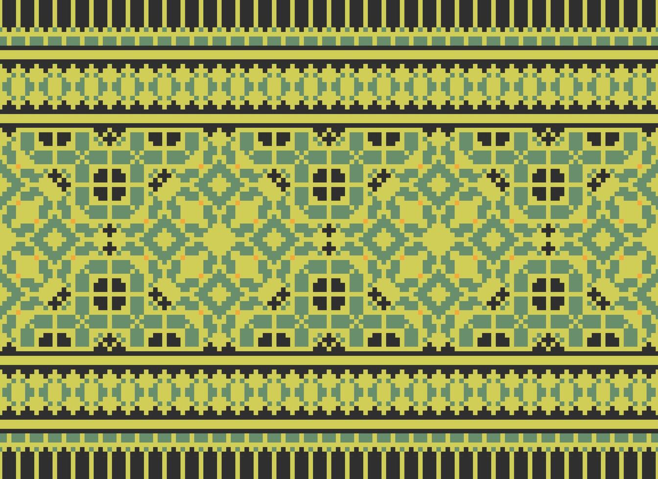 Pixel Cross Stitch pattern with Floral Designs. Traditional cross stitch needlework. Geometric Ethnic pattern, Embroidery, Textile ornamentation, fabric, Hand stitched pattern, Cultural stitching vector