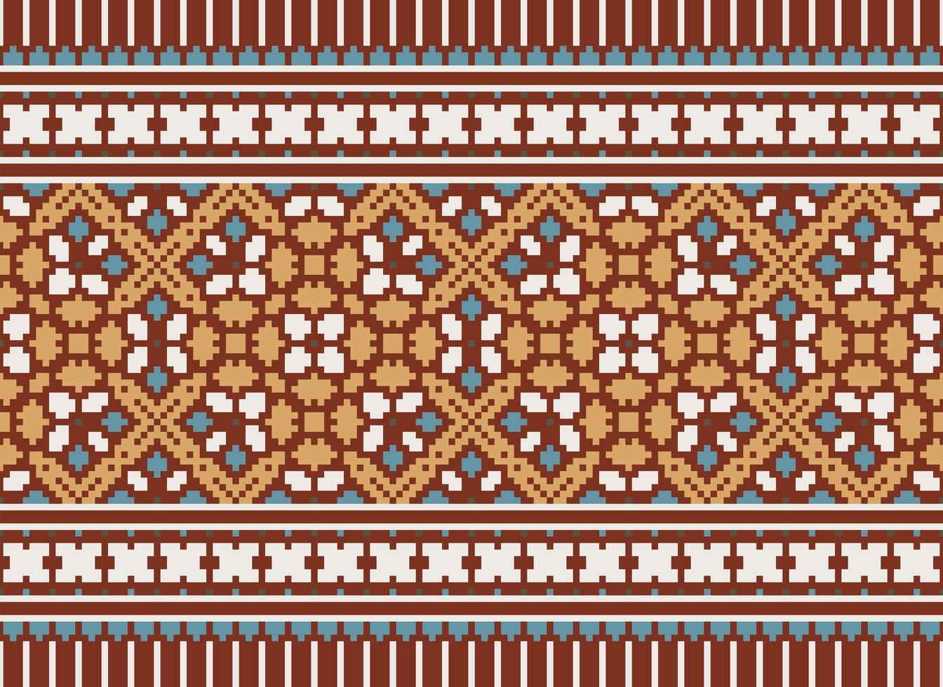 Pixel Cross Stitch pattern with Floral Designs. Traditional cross stitch needlework. Geometric Ethnic pattern, Embroidery, Textile ornamentation, fabric, Hand stitched pattern, Cultural stitching vector