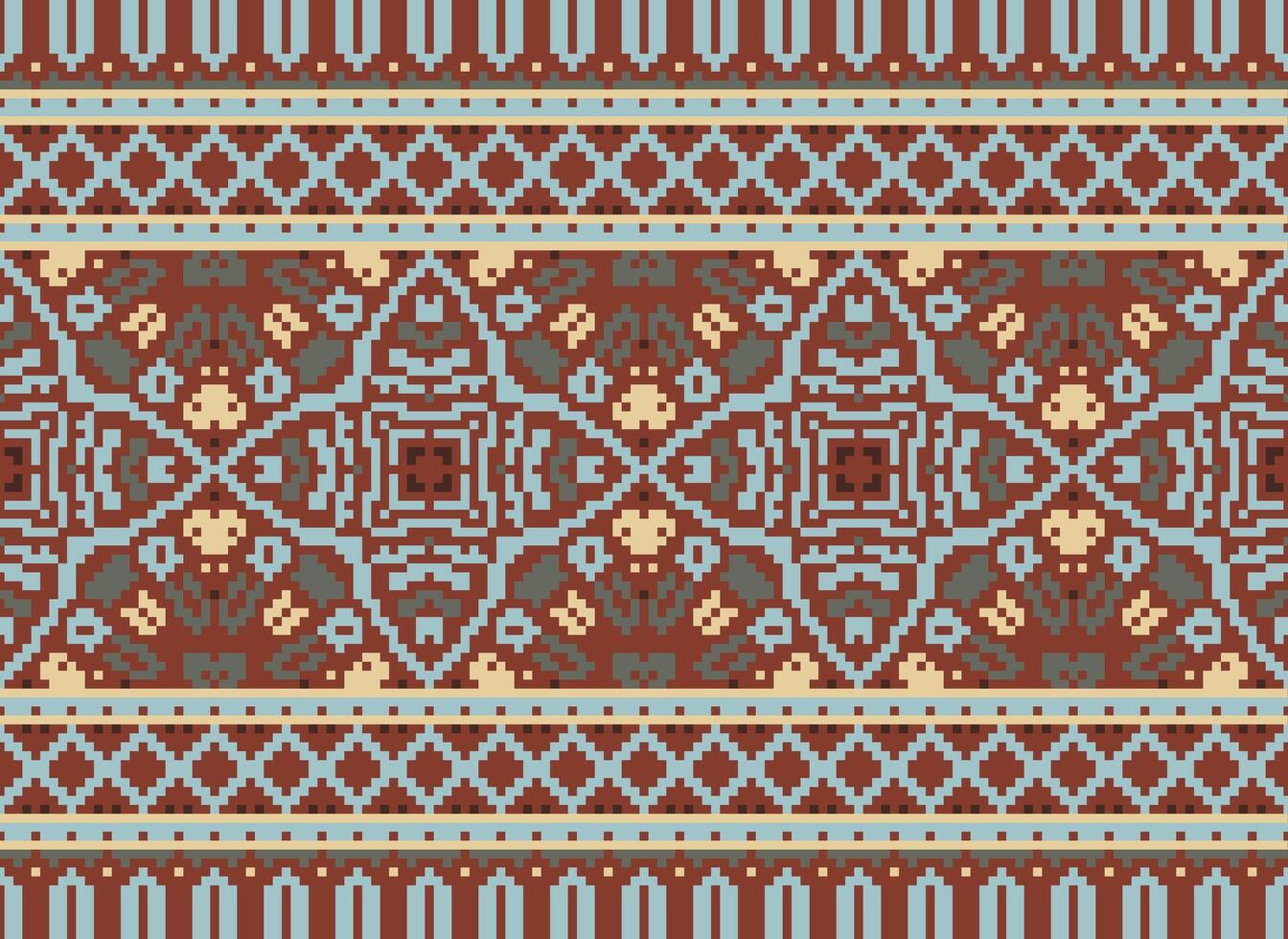 Cross Stitch pattern with Floral Designs. Traditional cross stitch needlework. Geometric Ethnic pattern, Embroidery, Textile ornamentation, fabric, Hand stitched pattern, Cultural stitching pixel art. vector