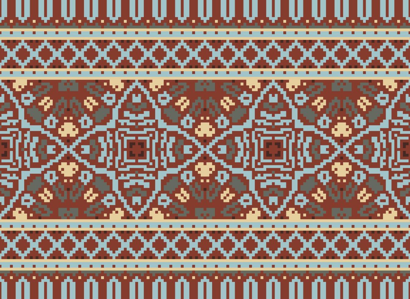 cruzar puntada modelo con floral diseños tradicional cruzar puntada costura. geométrico étnico patrón, bordado, textil ornamentación, tela, mano cosido patrón, cultural puntadas píxel Arte. vector