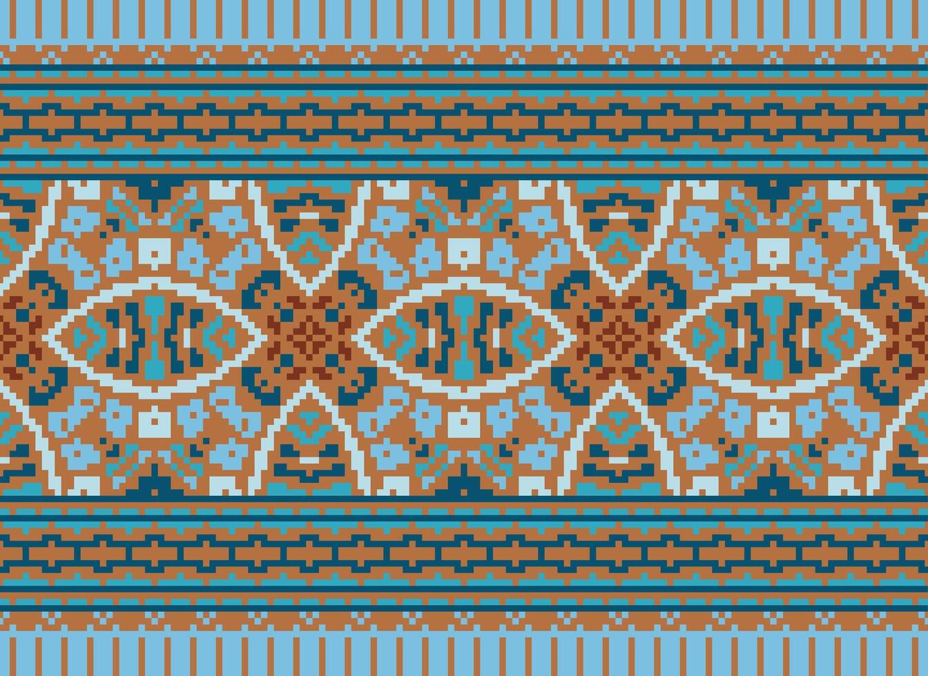 Cross Stitch pattern with Floral Designs. Traditional cross stitch needlework. Geometric Ethnic pattern, Embroidery, Textile ornamentation, fabric, Hand stitched pattern, Cultural stitching pixel art. vector