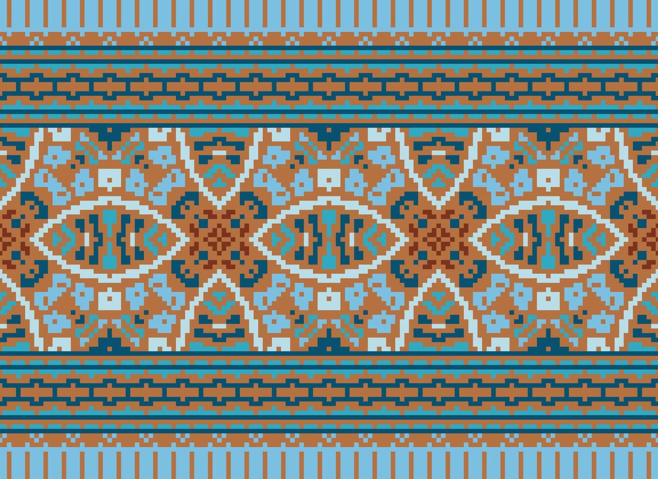 Cross Stitch pattern with Floral Designs. Traditional cross stitch needlework. Geometric Ethnic pattern, Embroidery, Textile ornamentation, fabric, Hand stitched pattern, Cultural stitching pixel art. vector