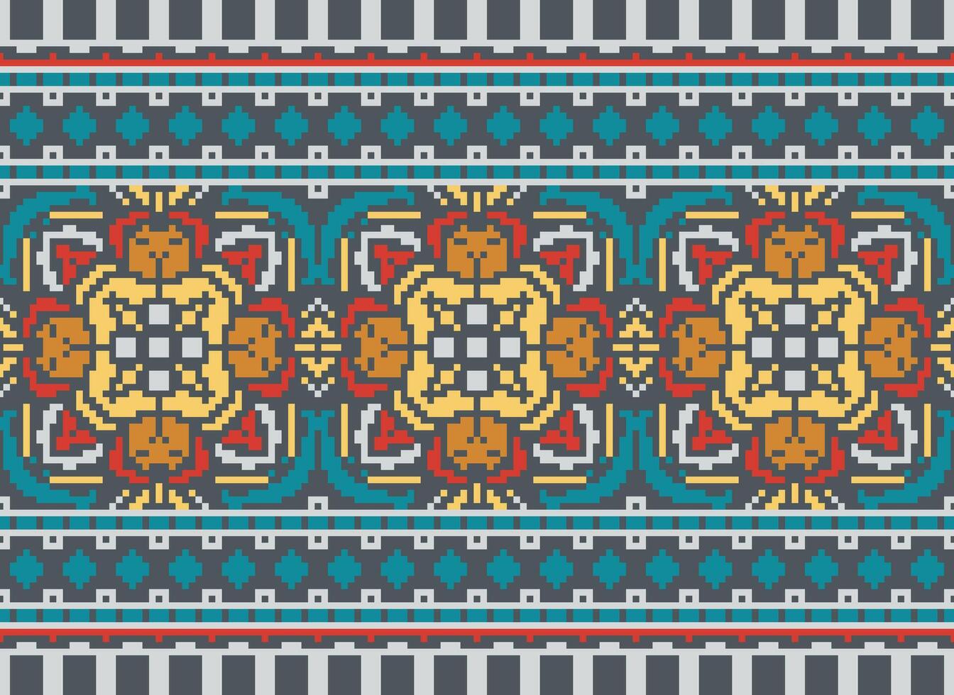 Pixel traditional ethnic pattern paisley flower Ikat background abstract Aztec African Indonesian Indian seamless pattern for fabric print cloth dress carpet curtains and sarong vector