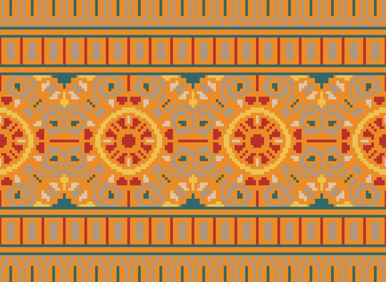 Pixel Ethnic pattern vector background. seamless pattern traditional, Design for background, wallpaper, Batik, fabric, carpet, clothing, wrapping, and textile.ethnic pattern Vector illustration.