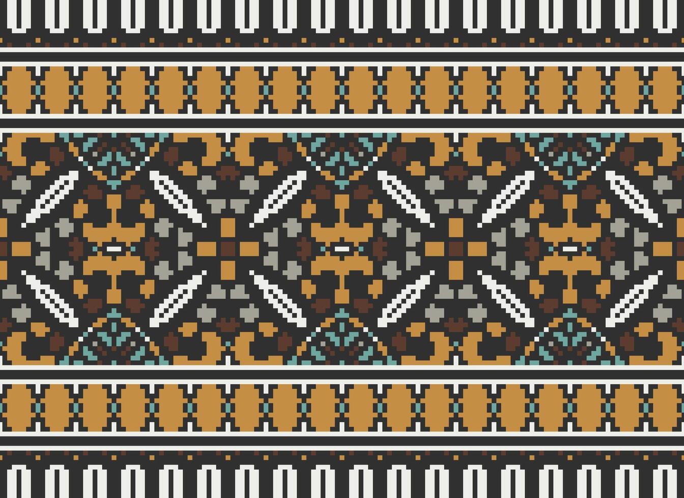 Pixel Embroidery ethnic pattern, Vector Geometric ornate background, Cross stitch retro zigzag style, pattern knitting continuous, Design for textile, fabric, ceramic, digital print