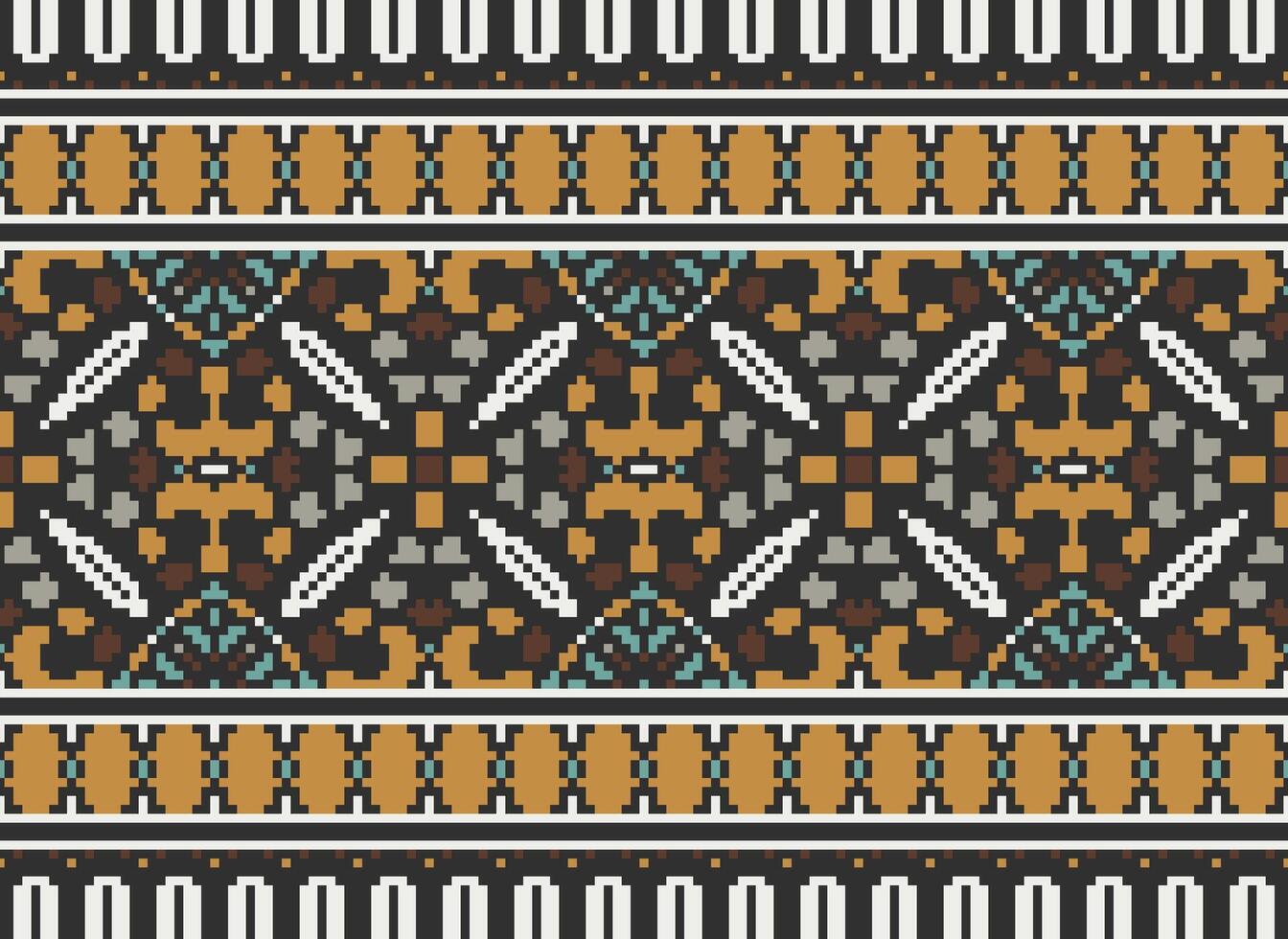 Pixel Embroidery ethnic pattern, Vector Geometric ornate background, Cross stitch retro zigzag style, pattern knitting continuous, Design for textile, fabric, ceramic, digital print