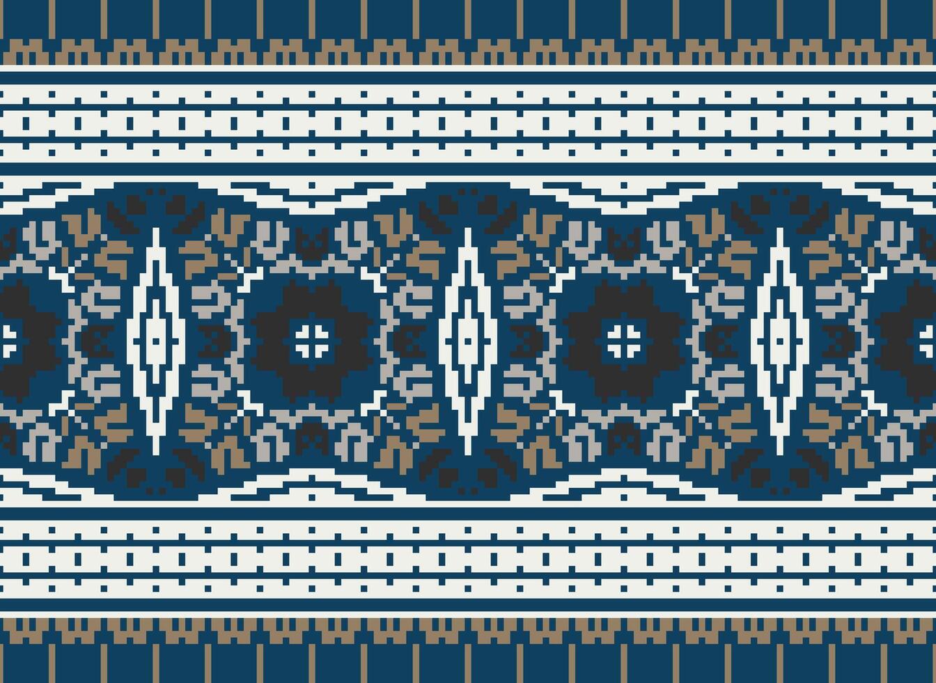 flor bordado en marrón antecedentes. ikat y cruzar puntada geométrico sin costura modelo étnico oriental tradicional. azteca estilo ilustración diseño para alfombra, fondo de pantalla, ropa, envase, batik. vector