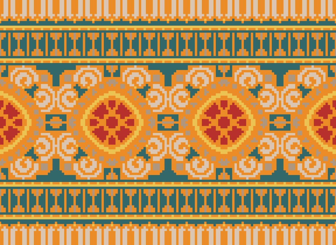 Pixel Cross Stitch pattern with Floral Designs. Traditional cross stitch needlework. Geometric Ethnic pattern, Embroidery, Textile ornamentation, fabric, Hand stitched pattern, pixel art. vector