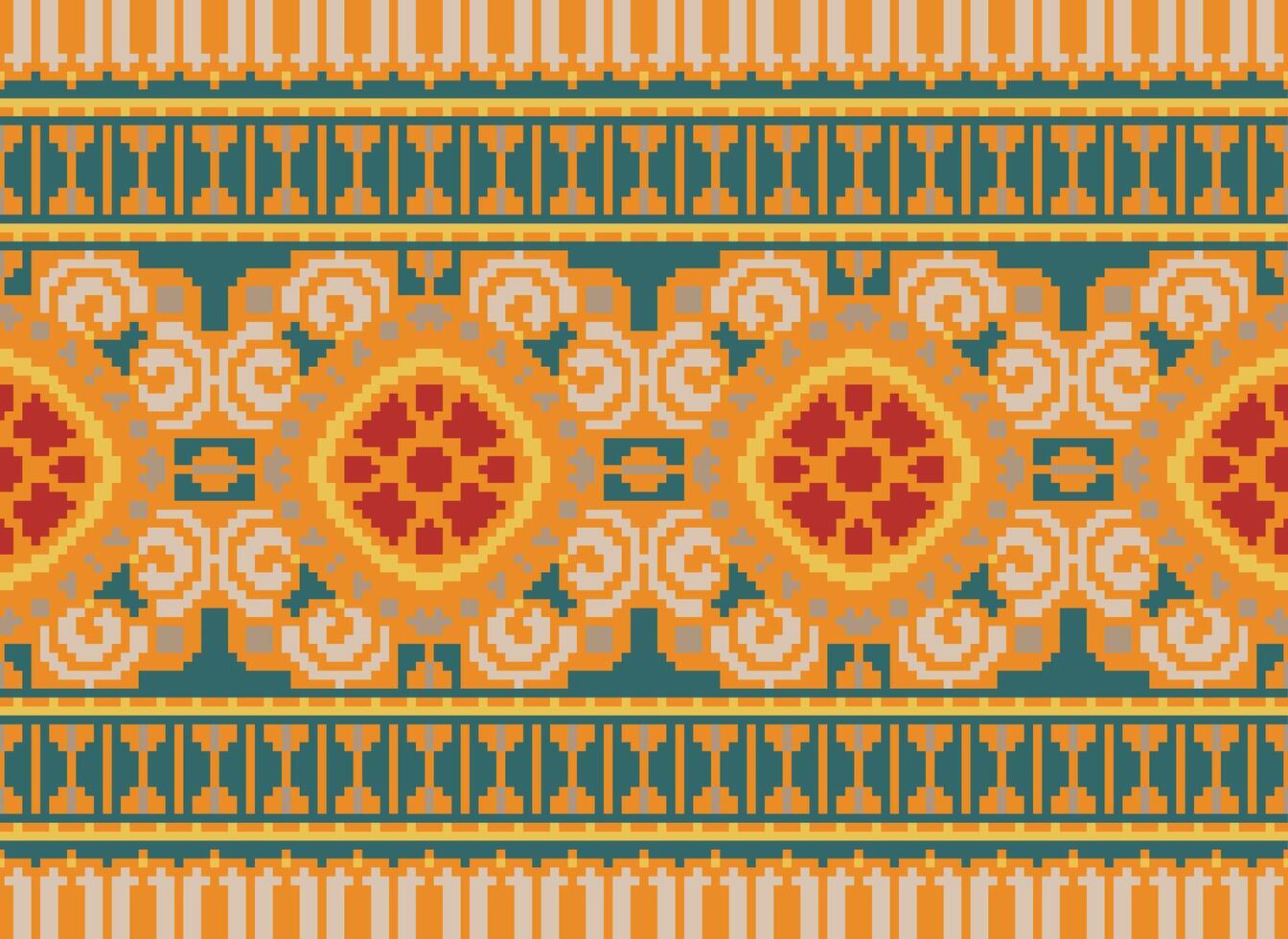 Pixel Cross Stitch pattern with Floral Designs. Traditional cross stitch needlework. Geometric Ethnic pattern, Embroidery, Textile ornamentation, fabric, Hand stitched pattern, pixel art. vector