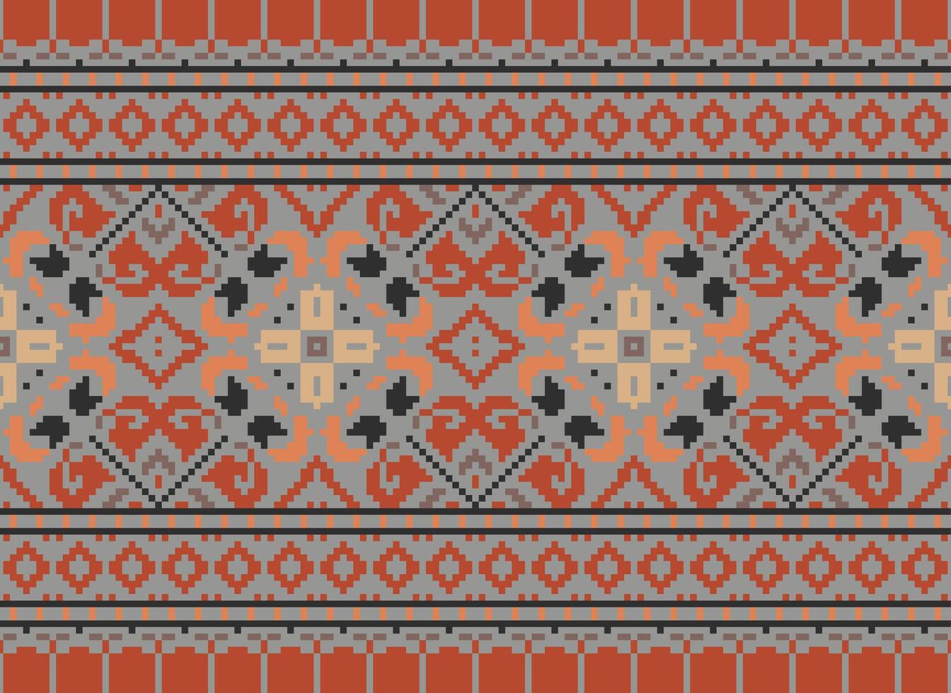 Cross Stitch pattern with Floral Designs. Traditional cross stitch needlework. Geometric Ethnic pattern, Embroidery, Textile ornamentation, fabric, Hand stitched pattern, Cultural stitching pixel art. vector