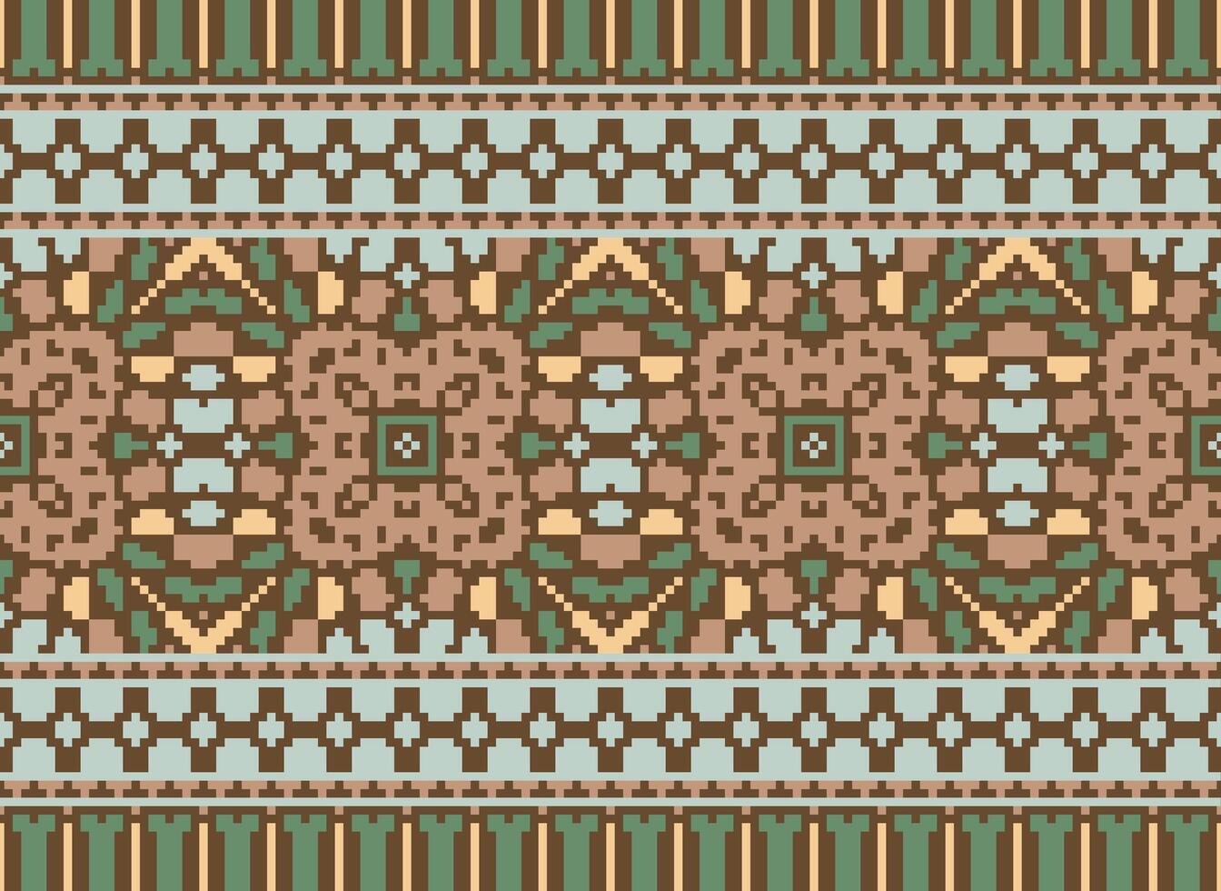Cross Stitch pattern with Floral Designs. Traditional cross stitch needlework. Geometric Ethnic pattern, Embroidery, Textile ornamentation, fabric, Hand stitched pattern, Cultural stitching pixel art. vector