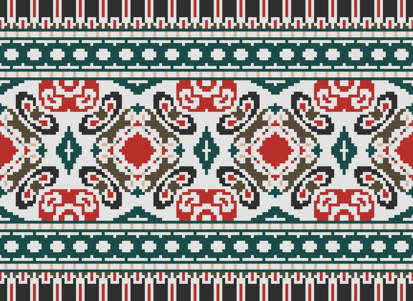 Cross Stitch pattern with Floral Designs. Traditional cross stitch needlework. Geometric Ethnic pattern, Embroidery, Textile ornamentation, fabric, Hand stitched pattern, Cultural stitching pixel art. vector