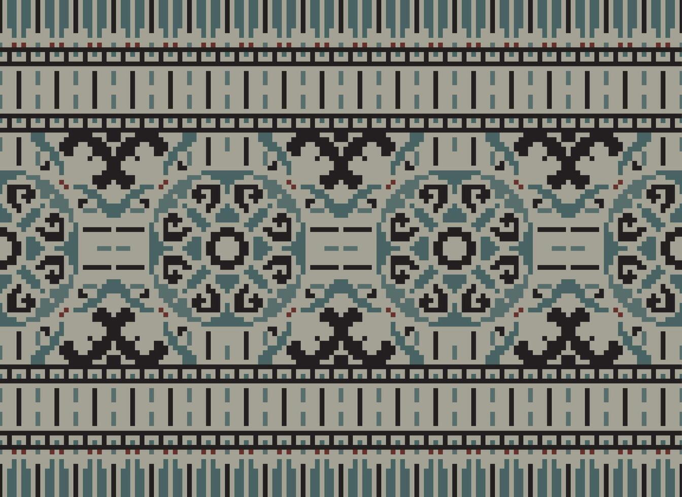 Pixel Cross Stitch pattern with Floral Designs. Traditional cross stitch needlework. Geometric Ethnic pattern, Embroidery, Textile ornamentation, fabric, Hand stitched pattern, pixel art. vector