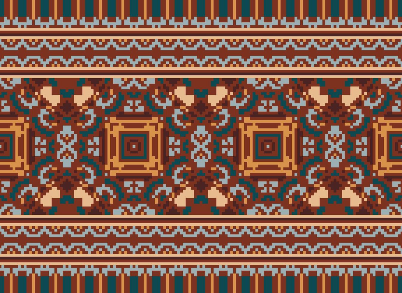 Cross Stitch pattern with Floral Designs. Traditional cross stitch needlework. Geometric Ethnic pattern, Embroidery, Textile ornamentation, fabric, Hand stitched pattern, Cultural stitching pixel art. vector