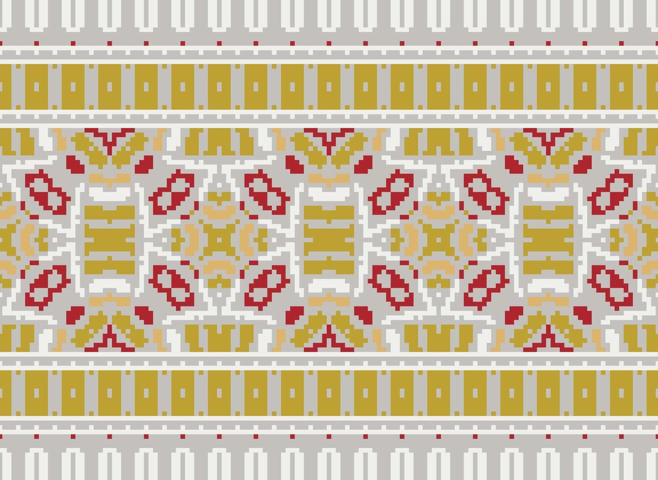 Cross Stitch pattern with Floral Designs. Traditional cross stitch needlework. Geometric Ethnic pattern, Embroidery, Textile ornamentation, fabric, Hand stitched pattern, Cultural stitching pixel art. vector
