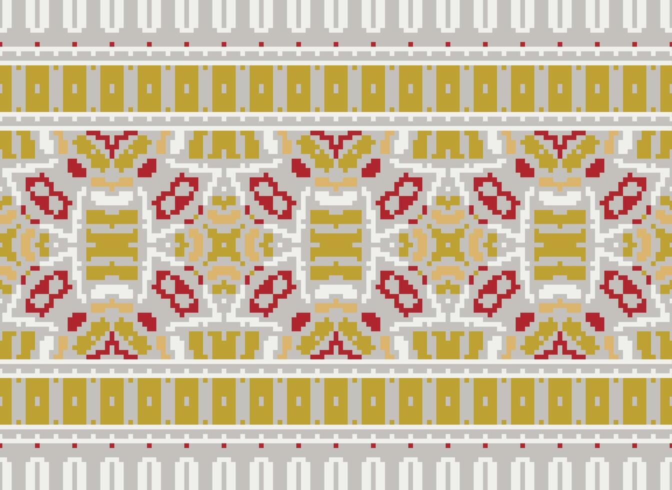 Cross Stitch pattern with Floral Designs. Traditional cross stitch needlework. Geometric Ethnic pattern, Embroidery, Textile ornamentation, fabric, Hand stitched pattern, Cultural stitching pixel art. vector