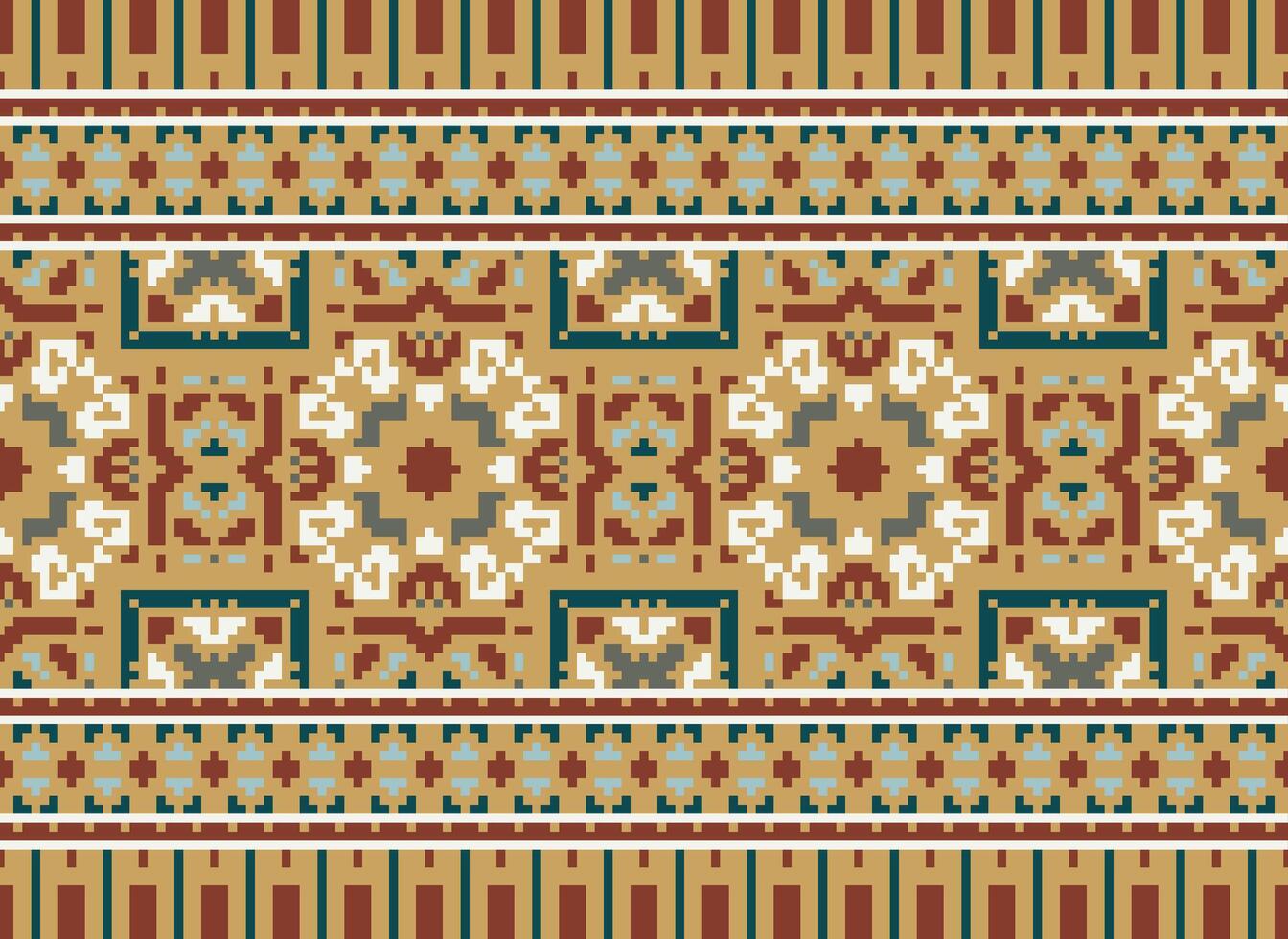 Cross Stitch pattern with Floral Designs. Traditional cross stitch needlework. Geometric Ethnic pattern, Embroidery, Textile ornamentation, fabric, Hand stitched pattern, Cultural stitching pixel art. vector