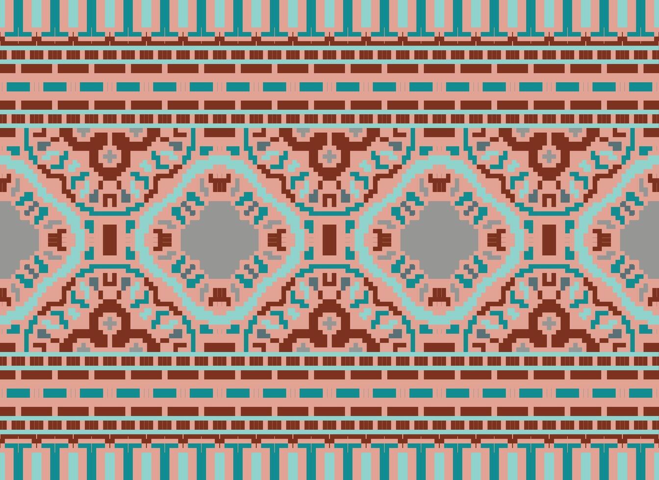 Cross Stitch pattern with Floral Designs. Traditional cross stitch needlework. Geometric Ethnic pattern, Embroidery, Textile ornamentation, fabric, Hand stitched pattern, Cultural stitching pixel art. vector