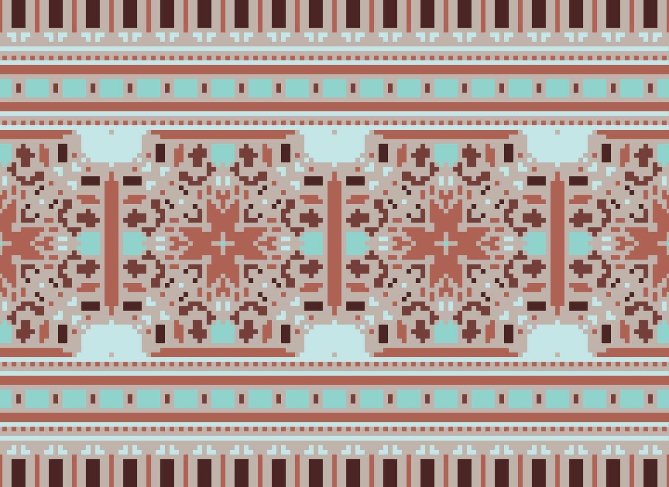 Cross Stitch pattern with Floral Designs. Traditional cross stitch needlework. Geometric Ethnic pattern, Embroidery, Textile ornamentation, fabric, Hand stitched pattern, Cultural stitching pixel art. vector