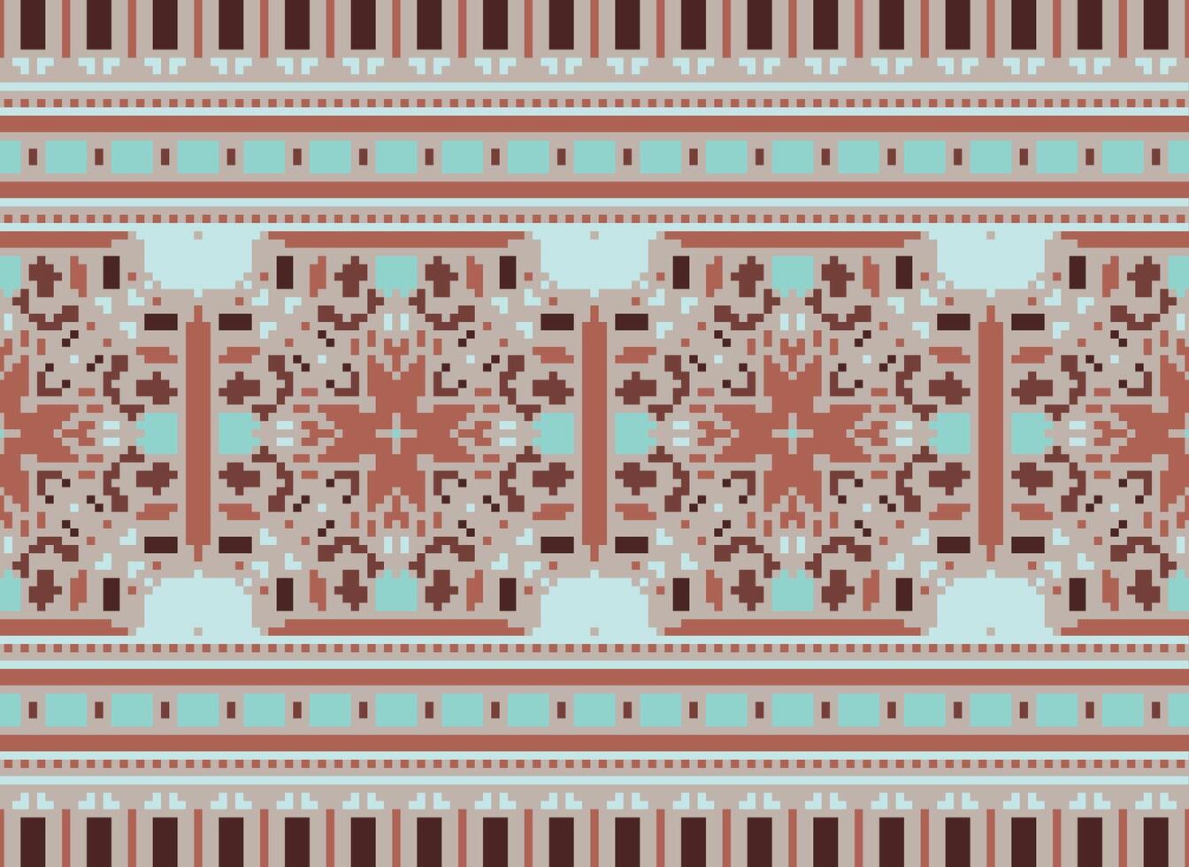 Cross Stitch pattern with Floral Designs. Traditional cross stitch needlework. Geometric Ethnic pattern, Embroidery, Textile ornamentation, fabric, Hand stitched pattern, Cultural stitching pixel art. vector