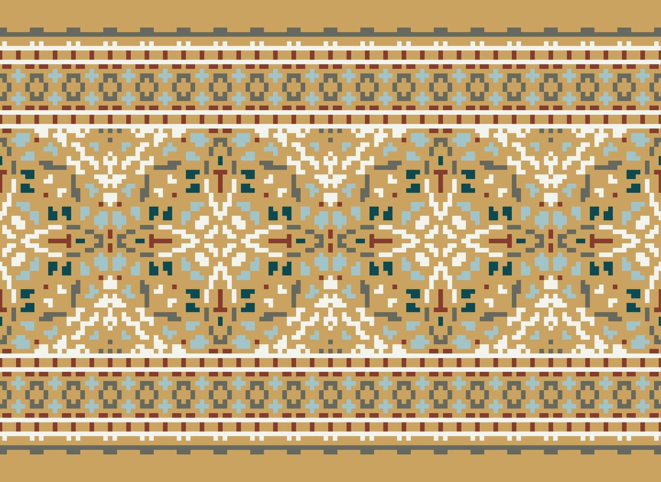 Cross Stitch pattern with Floral Designs. Traditional cross stitch needlework. Geometric Ethnic pattern, Embroidery, Textile ornamentation, fabric, Hand stitched pattern, Cultural stitching pixel art. vector