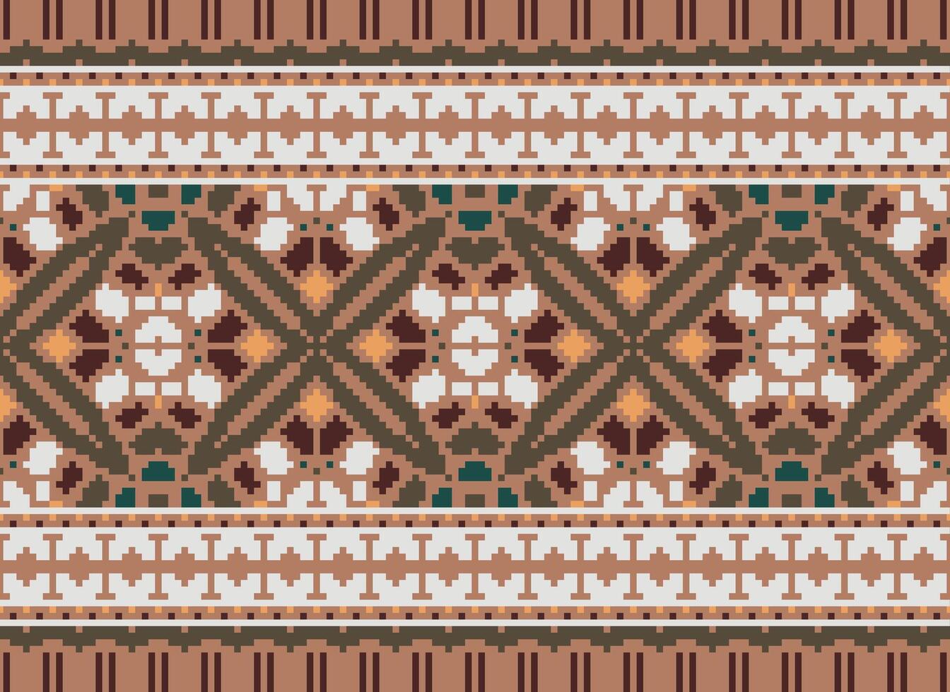 Cross Stitch pattern with Floral Designs. Traditional cross stitch needlework. Geometric Ethnic pattern, Embroidery, Textile ornamentation, fabric, Hand stitched pattern, Cultural stitching pixel art. vector