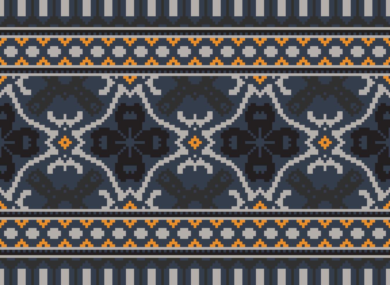 Cross Stitch pattern with Floral Designs. Traditional cross stitch needlework. Geometric Ethnic pattern, Embroidery, Textile ornamentation, fabric, Hand stitched pattern, Cultural stitching pixel art. vector