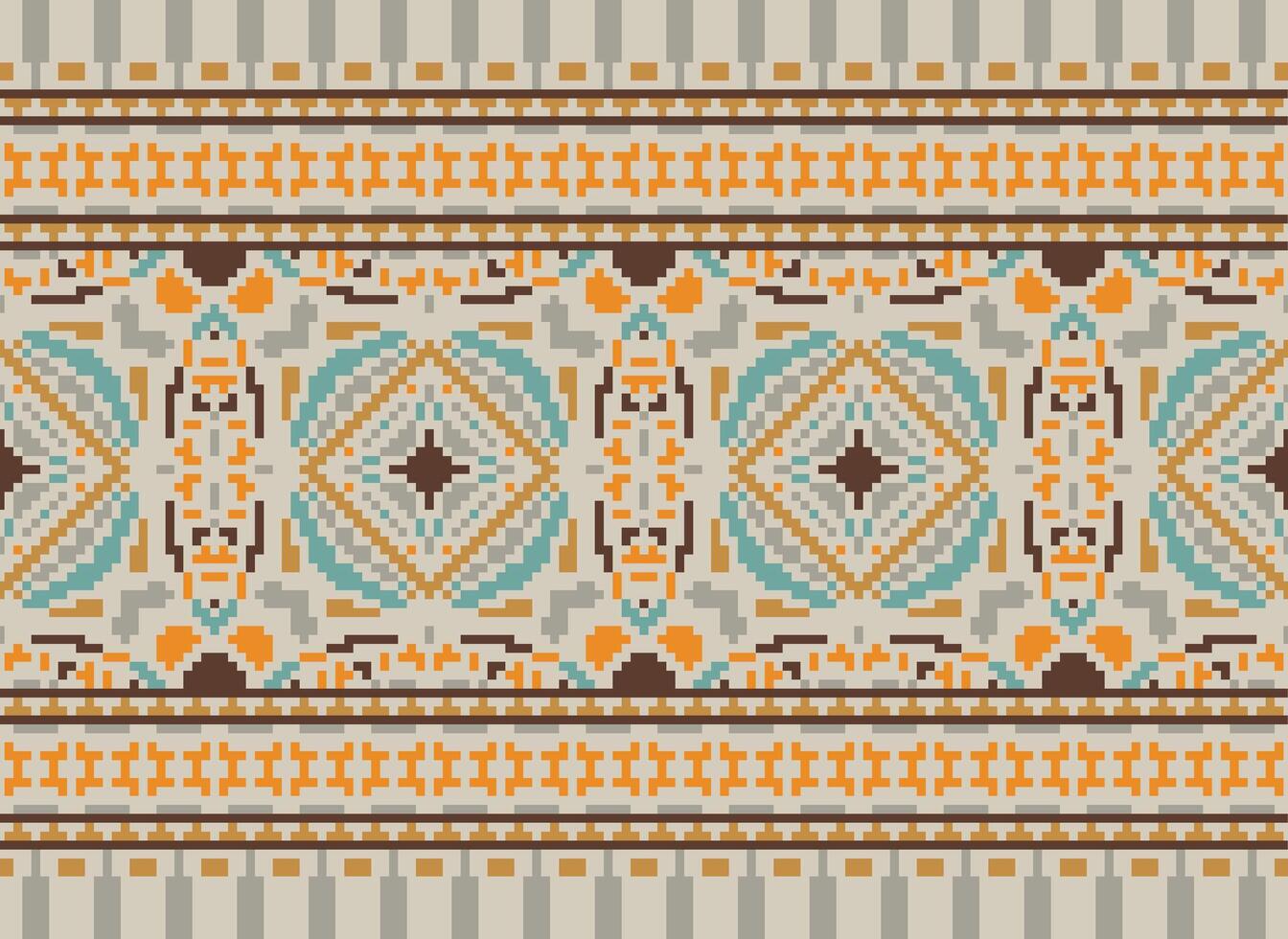 Cross Stitch pattern with Floral Designs. Traditional cross stitch needlework. Geometric Ethnic pattern, Embroidery, Textile ornamentation, fabric, Hand stitched pattern, Cultural stitching pixel art. vector