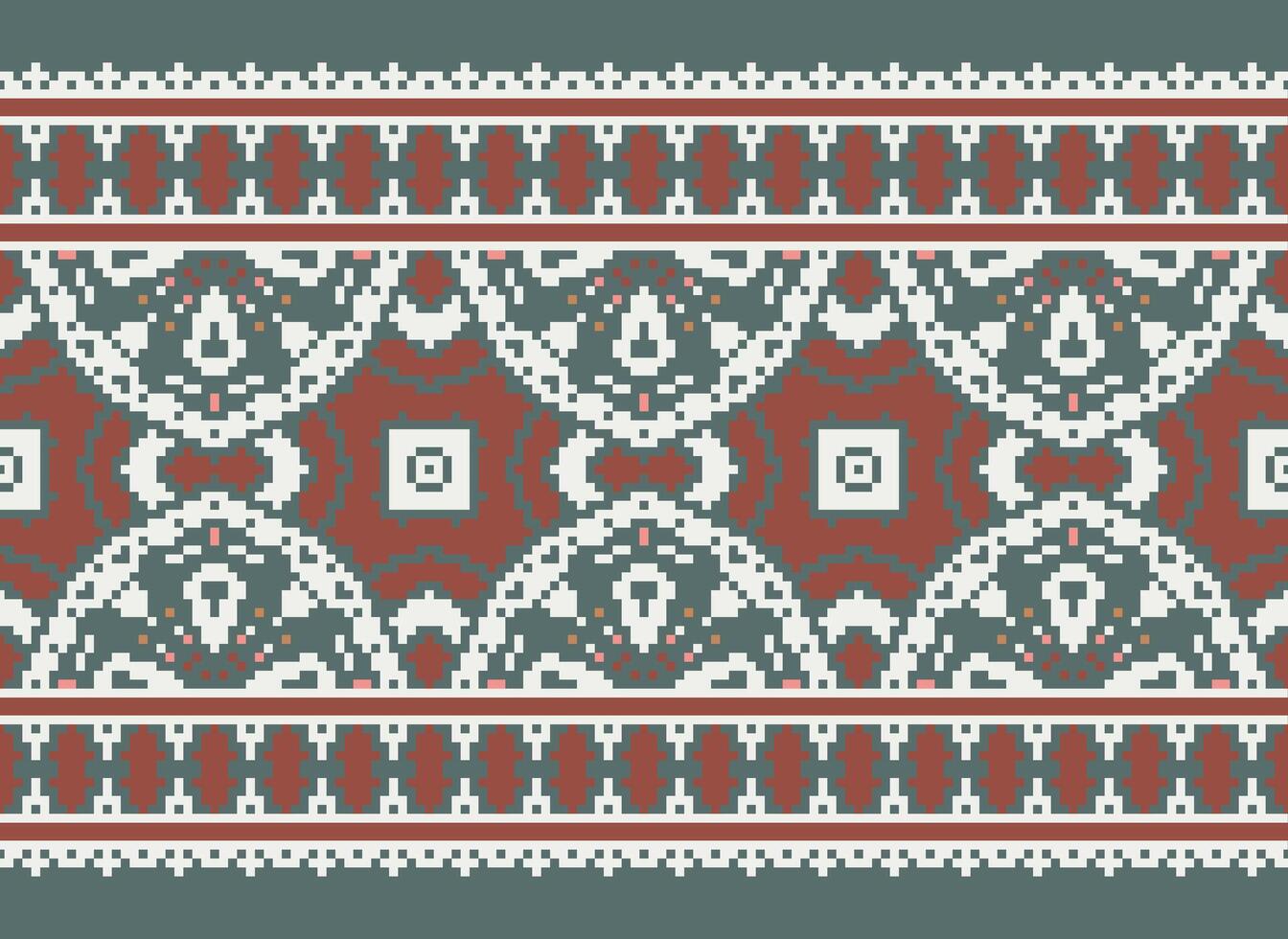 Pixel Cross Stitch pattern with Floral Designs. Traditional cross stitch needlework. Geometric Ethnic pattern, Embroidery, Textile ornamentation, fabric, Hand stitched pattern, pixel art. vector