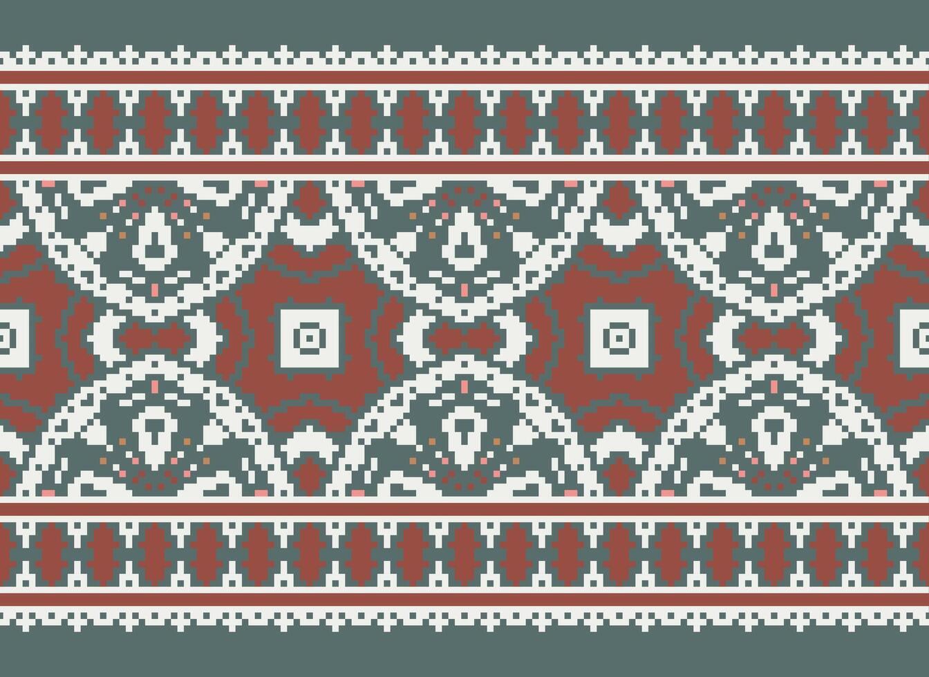 Pixel Cross Stitch pattern with Floral Designs. Traditional cross stitch needlework. Geometric Ethnic pattern, Embroidery, Textile ornamentation, fabric, Hand stitched pattern, pixel art. vector