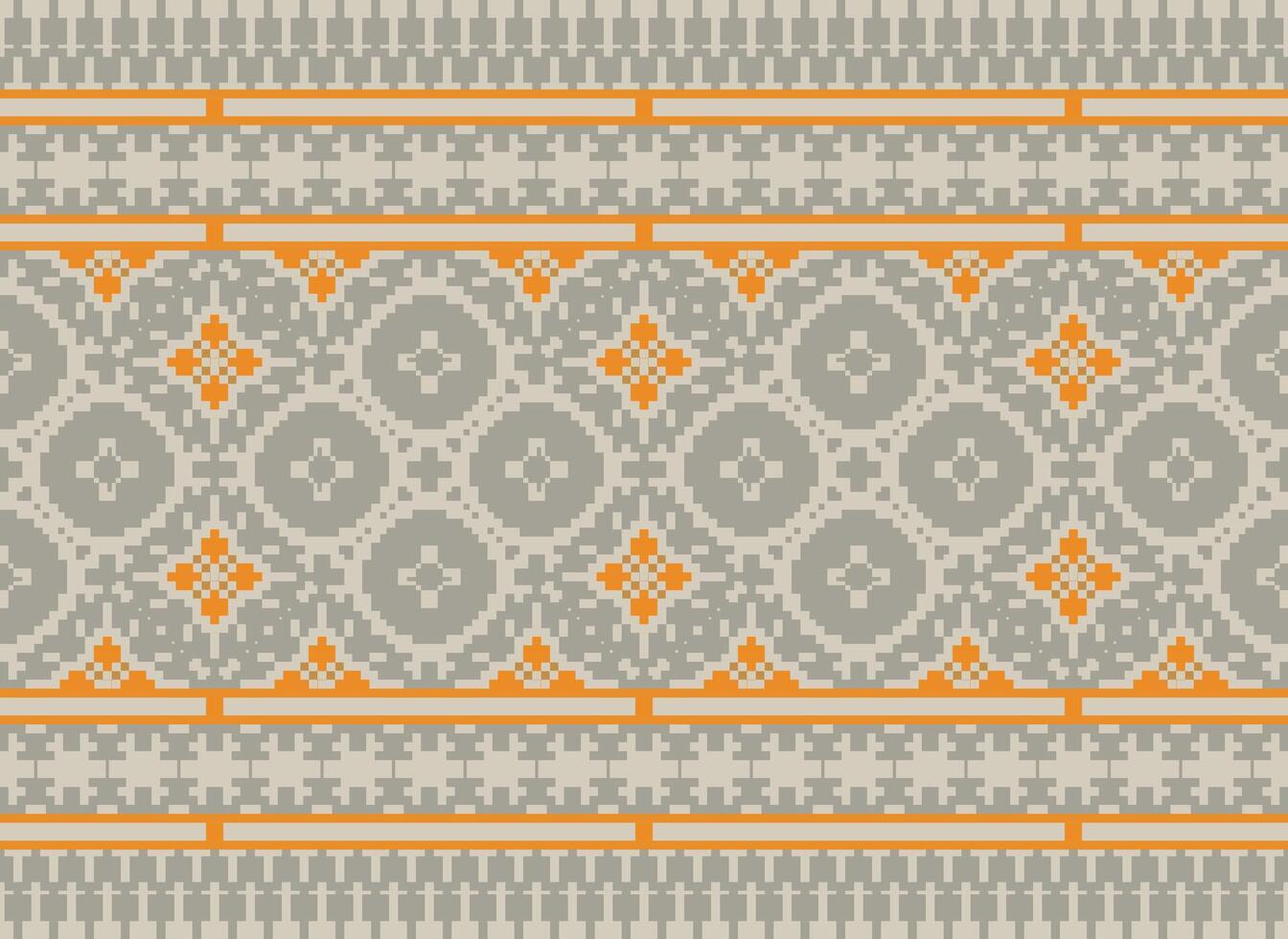 Pixel Cross Stitch pattern with Floral Designs. Traditional cross stitch needlework. Geometric Ethnic pattern, Embroidery, Textile ornamentation, fabric, Hand stitched pattern, Cultural stitching vector