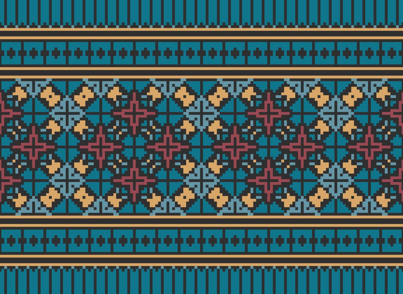 Pixel Cross Stitch pattern with Floral Designs. Traditional cross stitch needlework. Geometric Ethnic pattern, Embroidery, Textile ornamentation, fabric, Hand stitched pattern, Cultural stitching vector