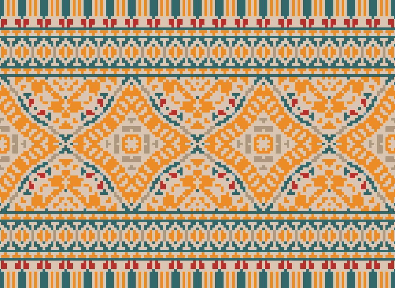 Pixel Cross Stitch pattern with Floral Designs. Traditional cross stitch needlework. Geometric Ethnic pattern, Embroidery, Textile ornamentation, fabric, Hand stitched pattern, pixel art. vector