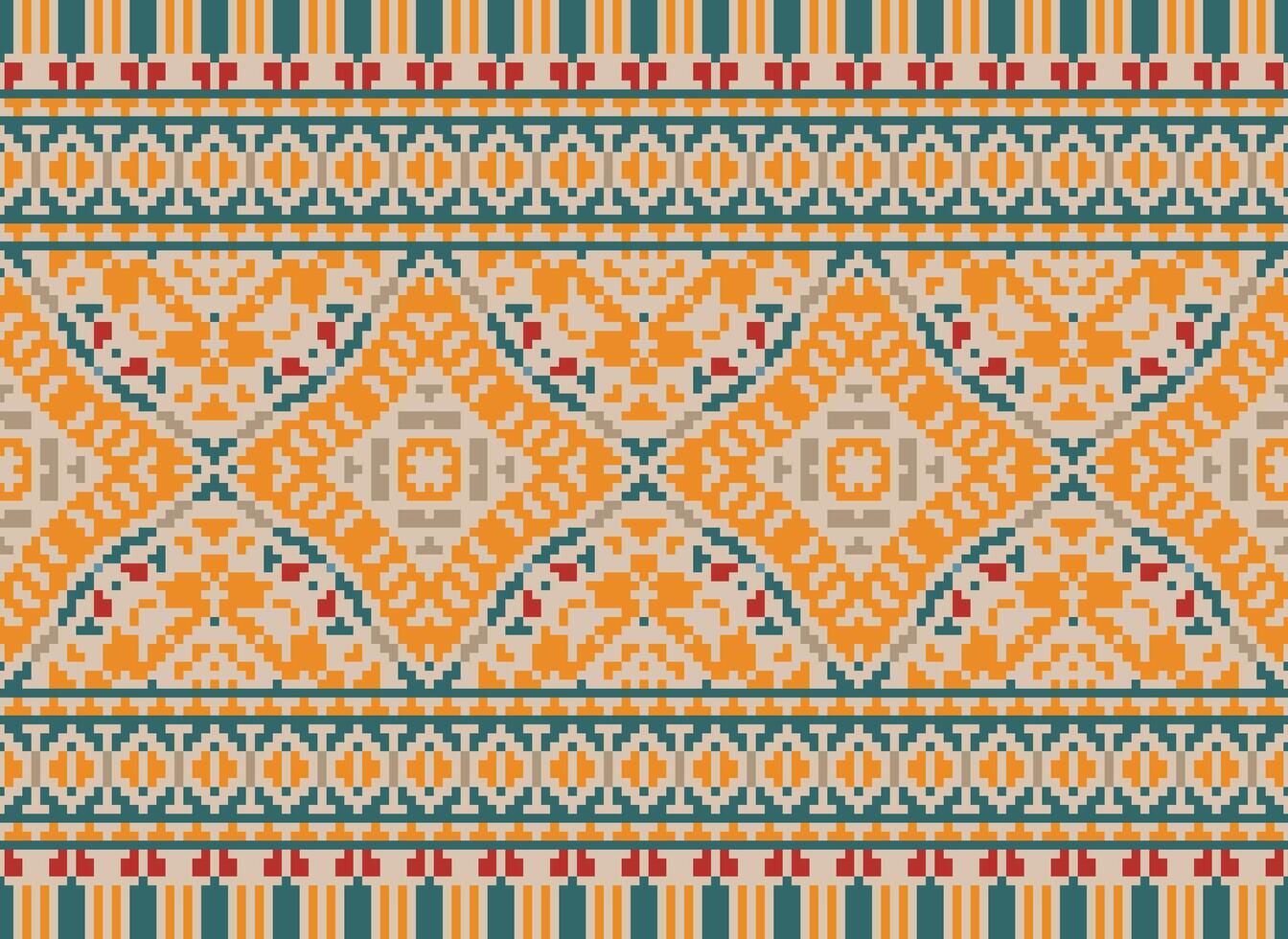 Pixel Cross Stitch pattern with Floral Designs. Traditional cross stitch needlework. Geometric Ethnic pattern, Embroidery, Textile ornamentation, fabric, Hand stitched pattern, pixel art. vector