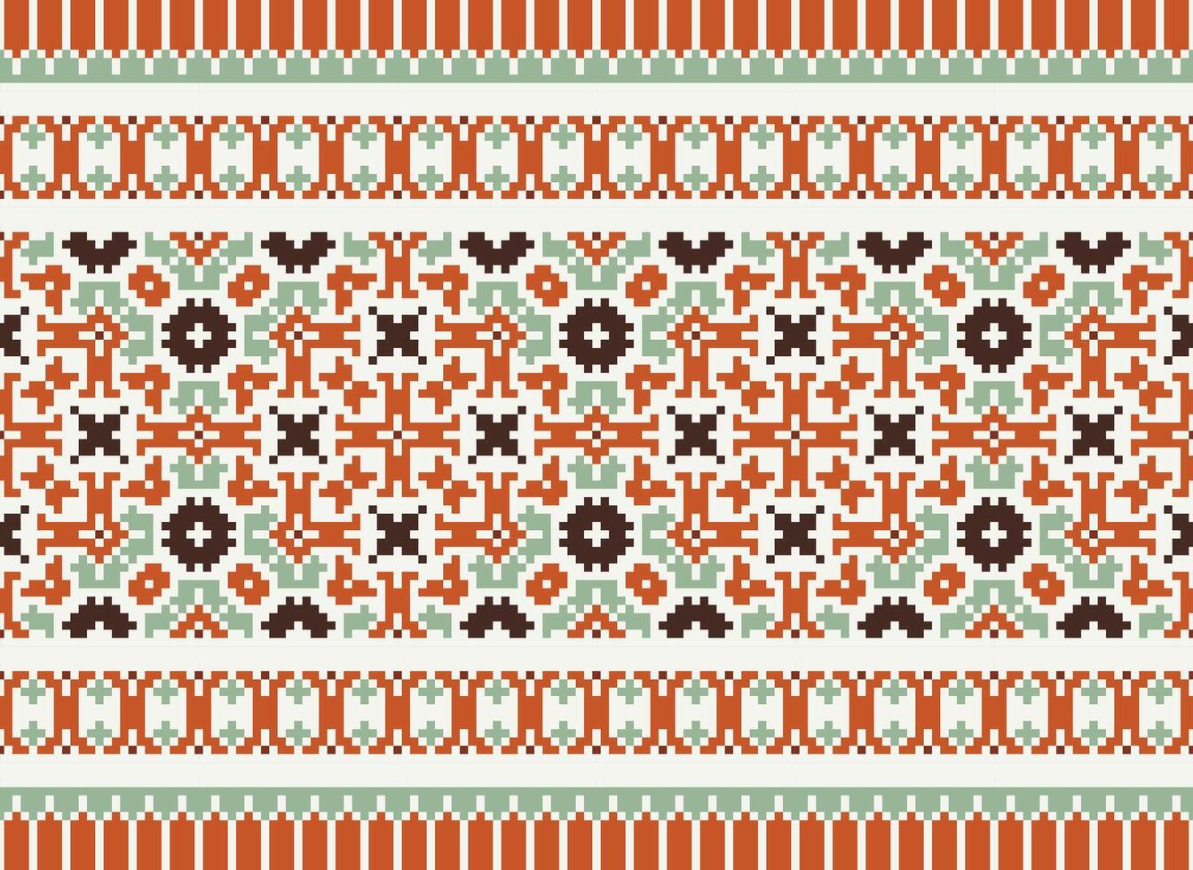Cross Stitch pattern with Floral Designs. Traditional cross stitch needlework. Geometric Ethnic pattern, Embroidery, Textile ornamentation, fabric, Hand stitched pattern, Cultural stitching pixel art. vector