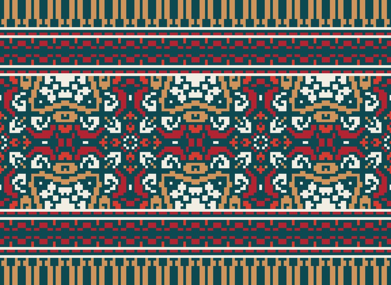 Cross Stitch pattern with Floral Designs. Traditional cross stitch needlework. Geometric Ethnic pattern, Embroidery, Textile ornamentation, fabric, Hand stitched pattern, Cultural stitching pixel art. vector