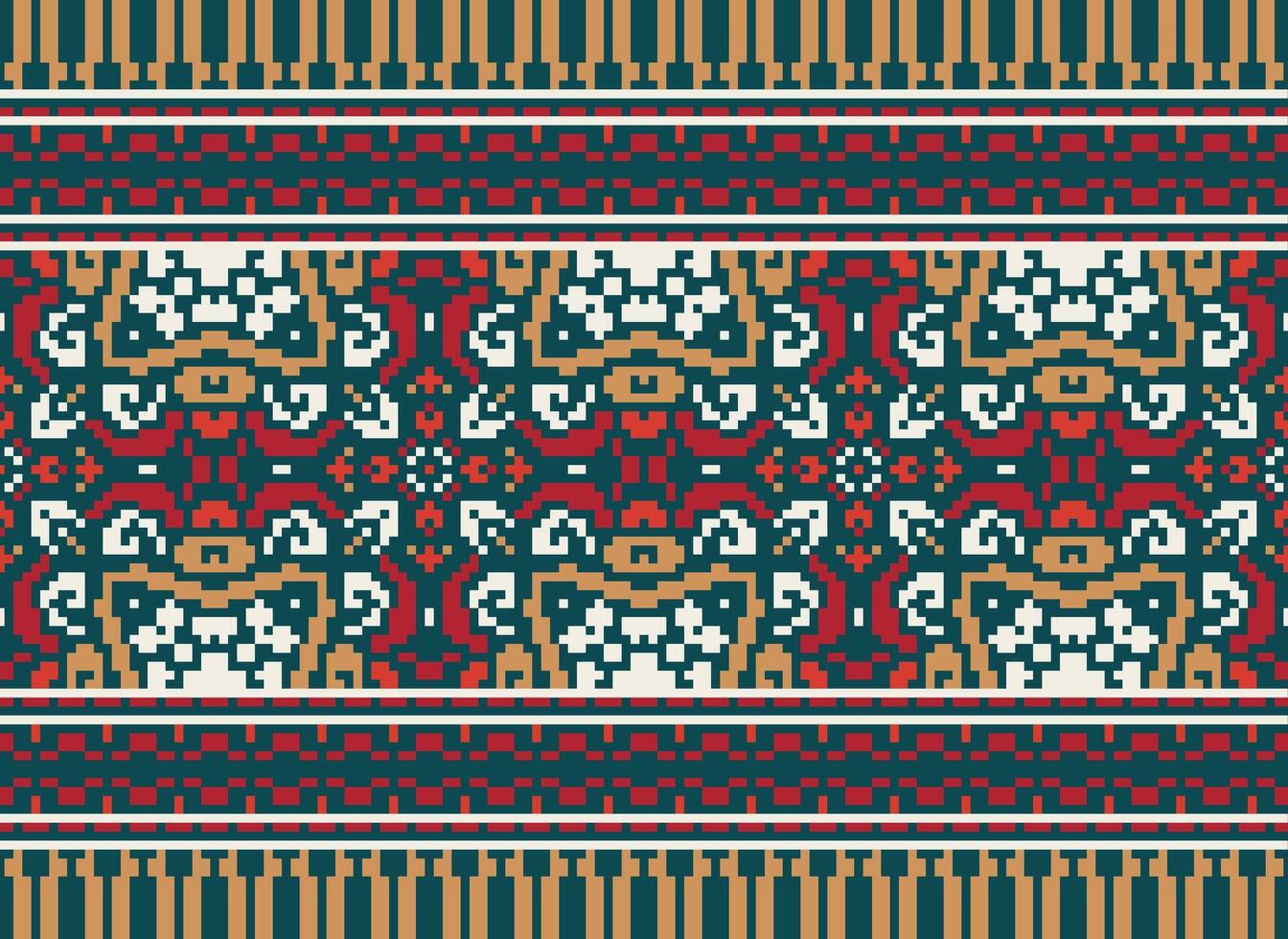 Cross Stitch pattern with Floral Designs. Traditional cross stitch needlework. Geometric Ethnic pattern, Embroidery, Textile ornamentation, fabric, Hand stitched pattern, Cultural stitching pixel art. vector