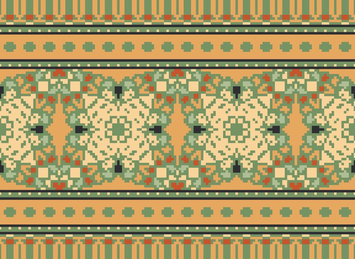 Cross Stitch Border. Embroidery Cross Stitch. Ethnic Patterns. Geometric Ethnic Indian pattern. Native Ethnic pattern.Texture Textile Fabric Clothing Knitwear print. Pixel Horizontal Seamless Vector. vector