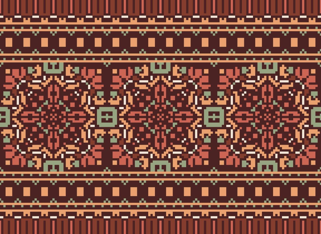 Pixel traditional ethnic pattern paisley flower Ikat background abstract Aztec African Indonesian Indian seamless pattern for fabric print cloth dress carpet curtains and sarong vector