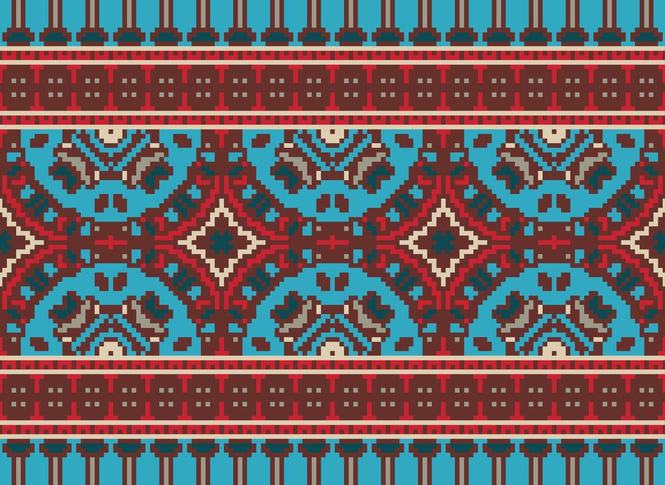 Cross Stitch pattern with Floral Designs. Traditional cross stitch needlework. Geometric Ethnic pattern, Embroidery, Textile ornamentation, fabric, Hand stitched pattern, Cultural stitching pixel art. vector